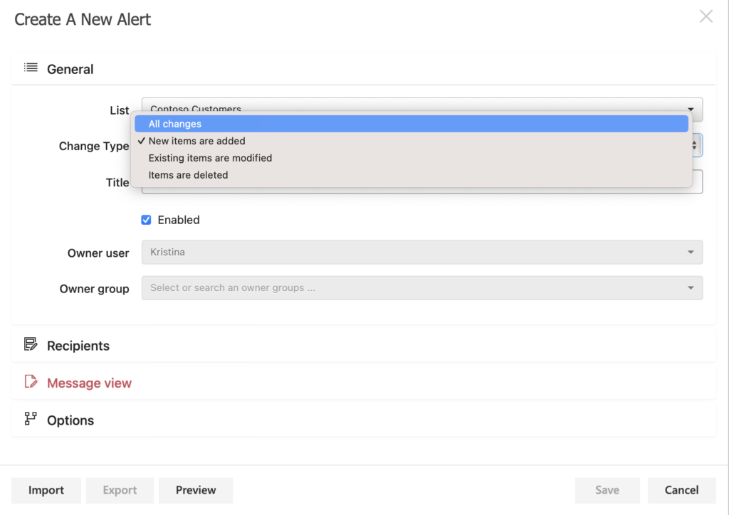 Selecting the change type and entering a title for a new alert in the Virto Alerts & Reminder App