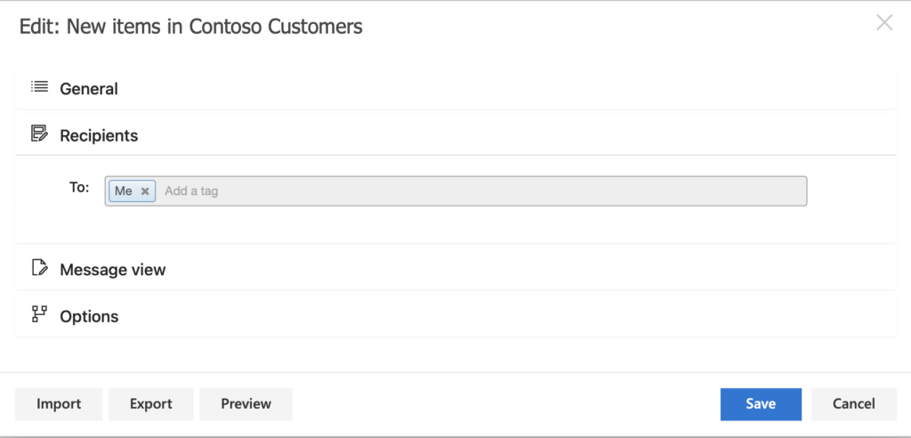 Recipients menu in the Virto Alerts & Reminder App for specifying who receives the alert email