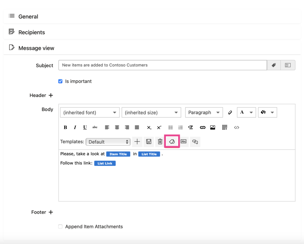 Alert message editor with the Tag icon for inserting changed list field values into the email template