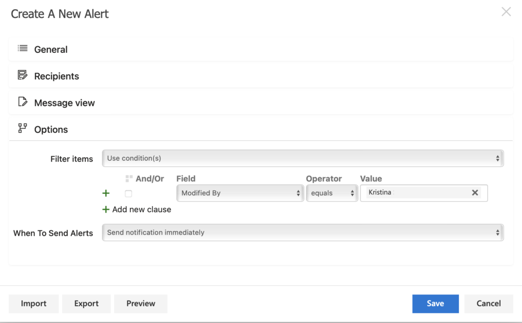 Preview of the alert email that recipients receive when the SharePoint list alert is triggered