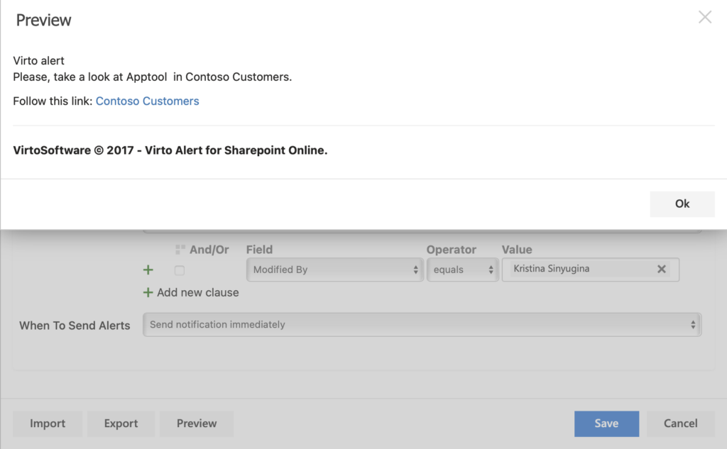 Reminder settings in the Virto Alerts & Reminder App, which mirror the alert settings but use date-based triggers