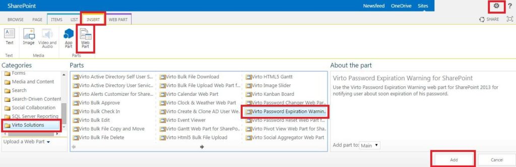 Virto SharePoint Password Expiration web part added to a page in edit mode
