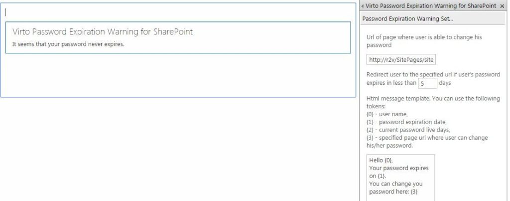 Web part settings for password change URL, redirect timing and notification message tokens