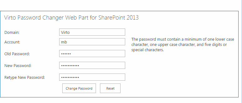 Virto Password Change web part form with domain, account, old and new password fields to fill out
