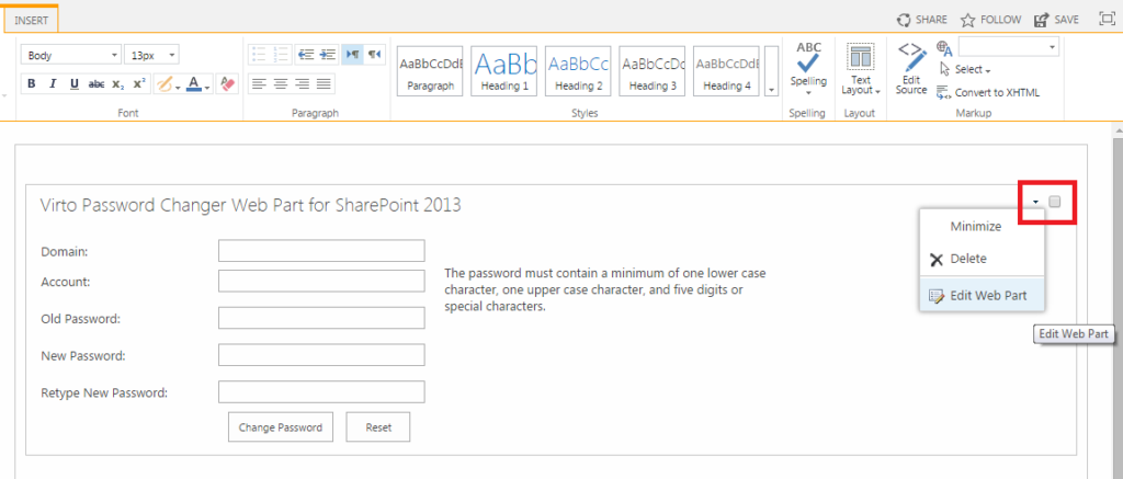 Virto SharePoint Password Change web part added to a site page, ready to be configured