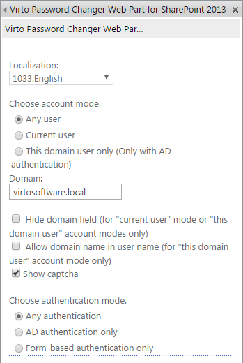 Opening Edit Web Part to display the Virto Password Change settings panel