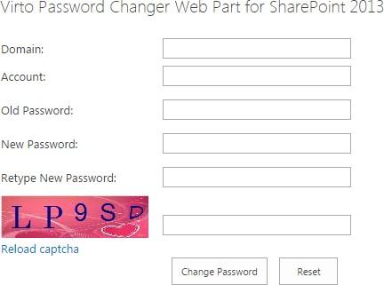 Account mode setting in the Virto Password Change web part, with Any user, Current user and domain options