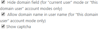 Hide domain field, allow domain name in user name and captcha checkboxes in the Virto Password Change settings