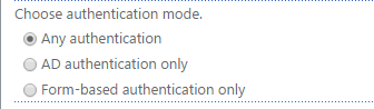 Selecting the authentication mode for SharePoint login in the Virto Password Change web part settings