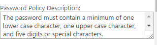 Entering the Password Policy description text shown to users in the Virto Password Change settings