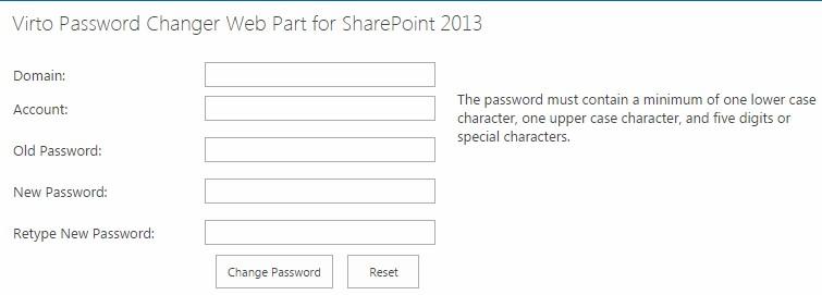 Password Policy description displayed to the user on the Virto Password Change web part view