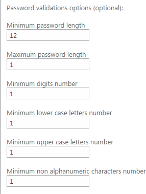 Password validation options for length, digits, case and non-alphanumeric characters in the Virto Password Change settings