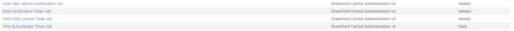 Virto License Manager timer jobs listed in the SharePoint Central Administration web application