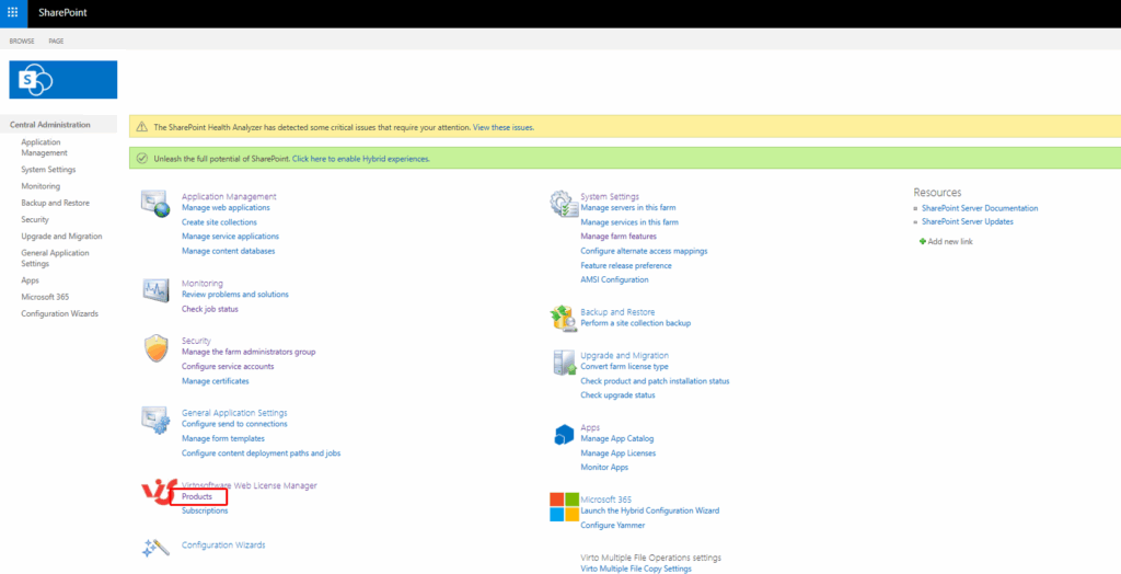 VirtoSoftware products section in SharePoint Central Administration listing the installed apps