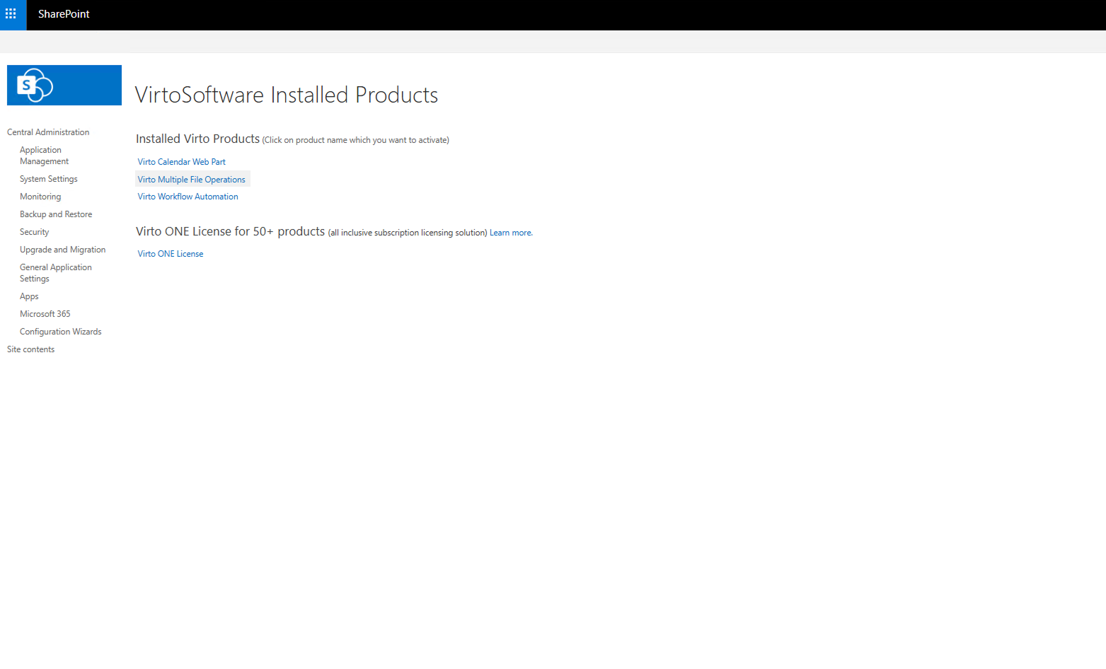 Selecting Virto Workflow Automation from the VirtoSoftware products list to activate the license