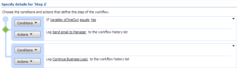 Workflow Step 2 checking the timeout result and emailing the manager if a timeout occurred