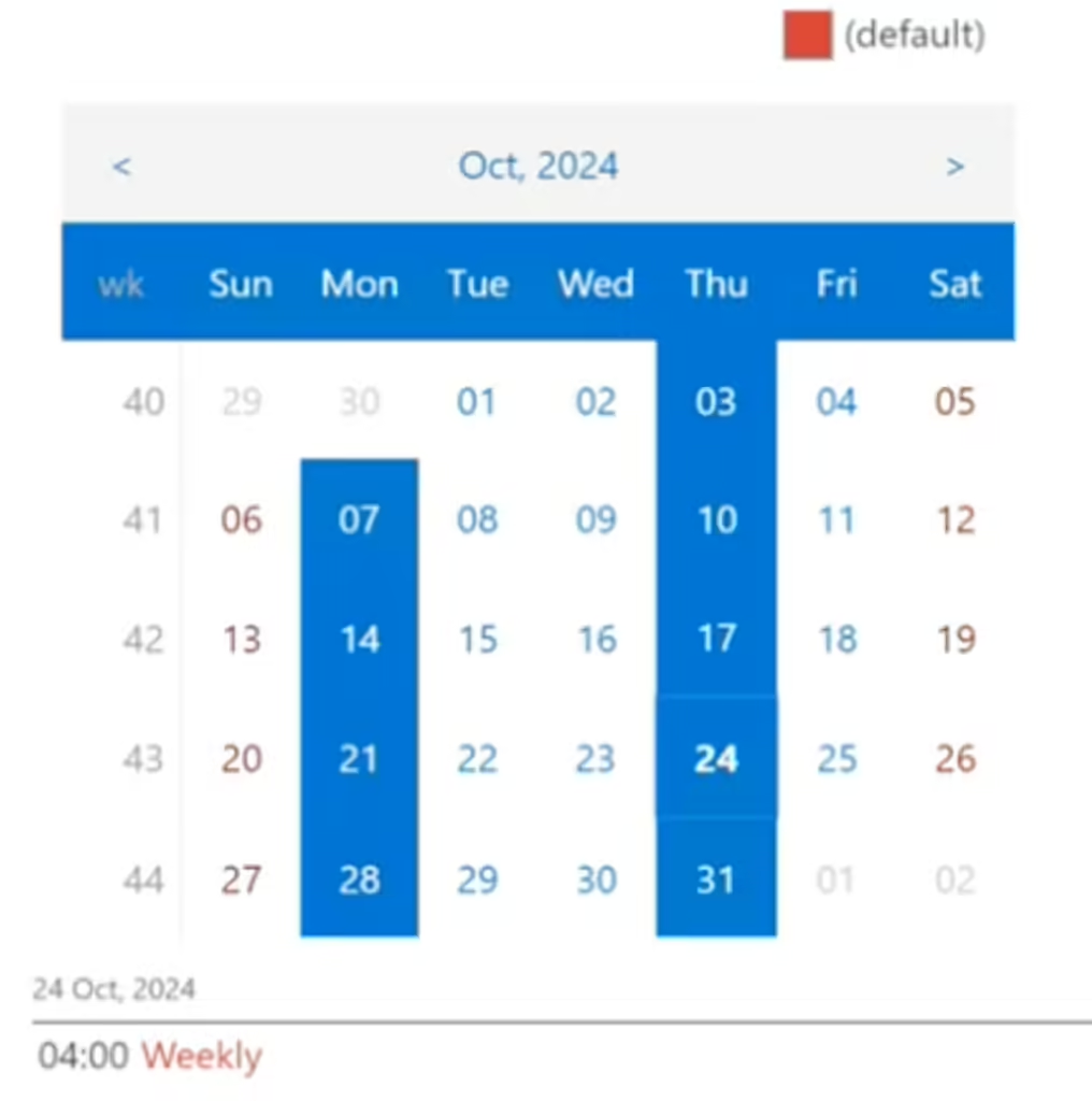 Virto Mini Calendar showing event days highlighted in blue with the event list and details below