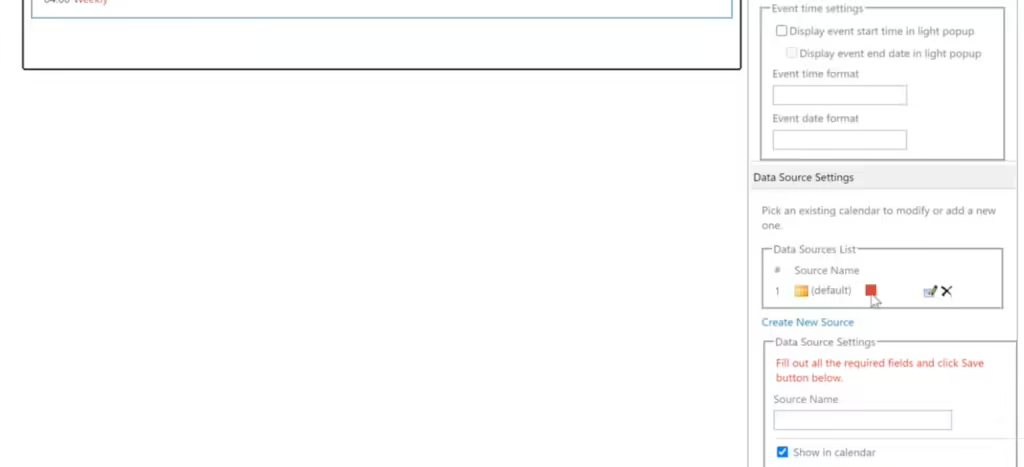 Data source settings for the Virto Mini Calendar where data sources and filters are added