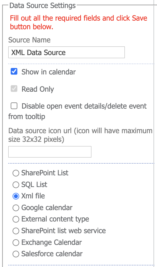 Creating an XML File data source with the Show in Calendar checkbox in Virto Calendar settings