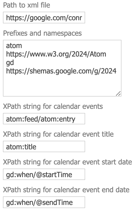 Defining XPath strings and namespaces for the XML File data source in Virto Calendar