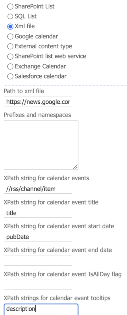 Google News RSS feed configured as an XML data source with XPath parameters in Virto Calendar