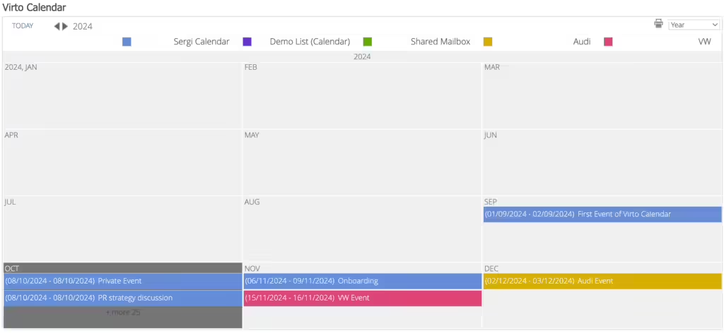 Virto Calendar Year view showing event dates in the day titles