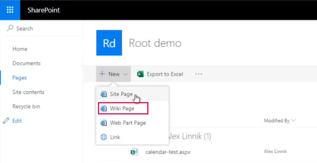 SharePoint +New menu expanded with the Wiki Page option to create a classic page
