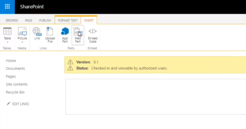 SharePoint Insert tab ribbon with the Web Part icon highlighted on a classic wiki page