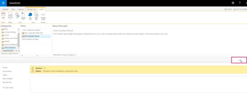 Virto Solutions category with Virto Kanban Board selected and the Add button in the web part picker