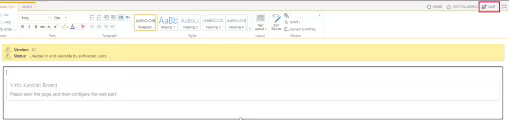 Save button in the upper right corner of a SharePoint classic wiki page