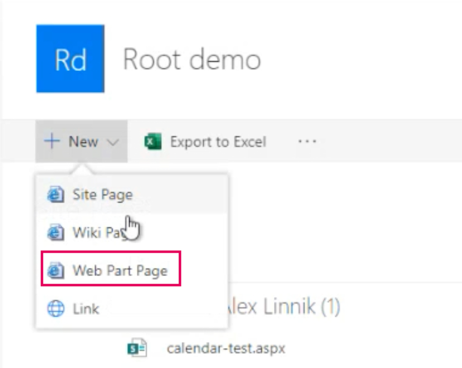 SharePoint +New menu expanded with the Web Part Page option selected
