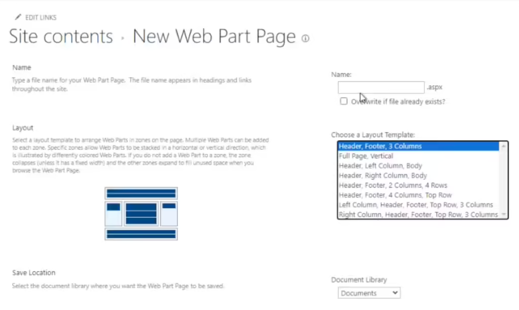 New Web Part Page form for entering a name, choosing a layout, and selecting a save location