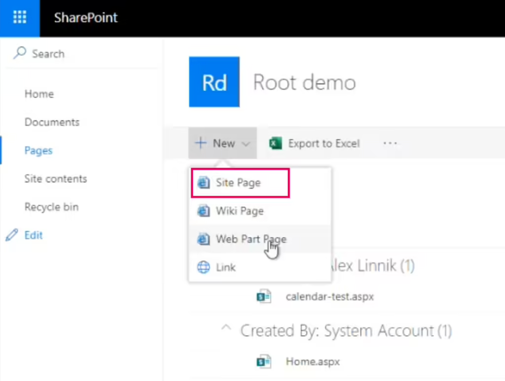 SharePoint New menu with the Site Page option selected to create a modern page