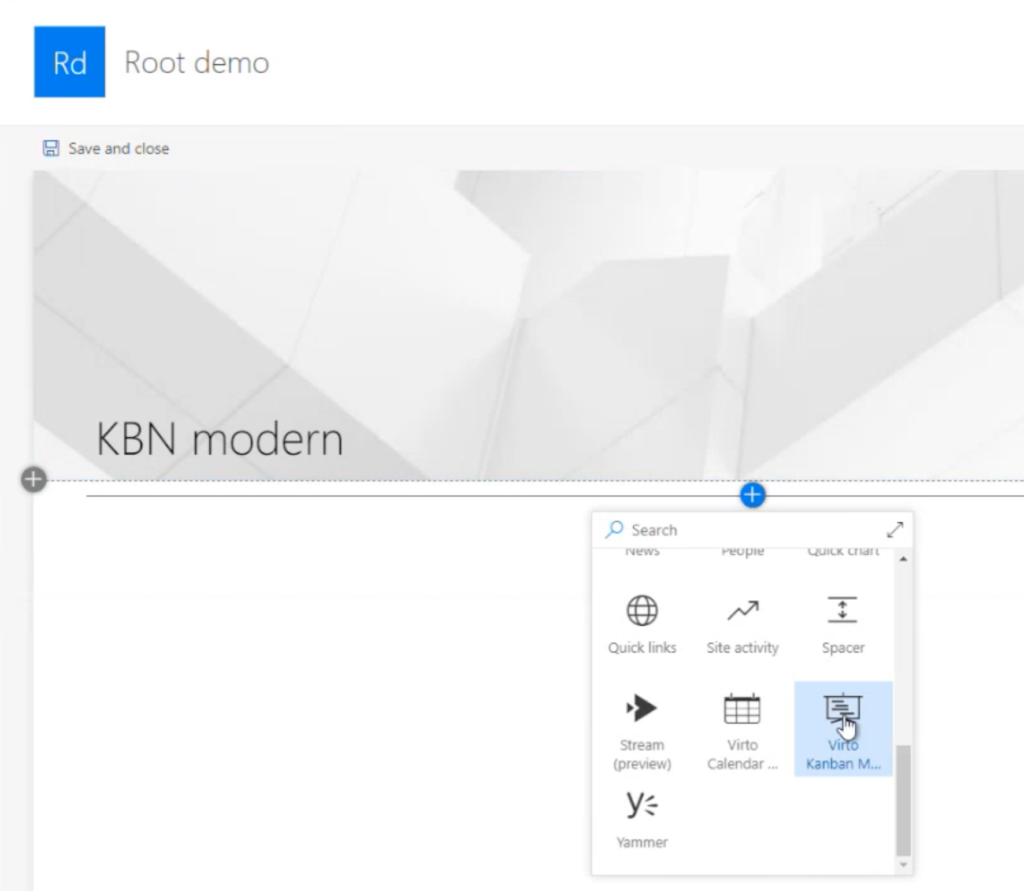 Modern site page web part picker with the Virto Kanban Modern icon to add the board