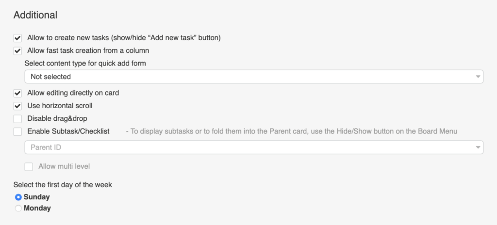 Additional settings panel with task and board options in Virto Kanban Board
