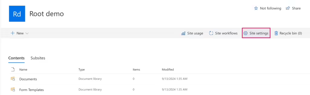 Site settings link in the top right corner of a SharePoint site
