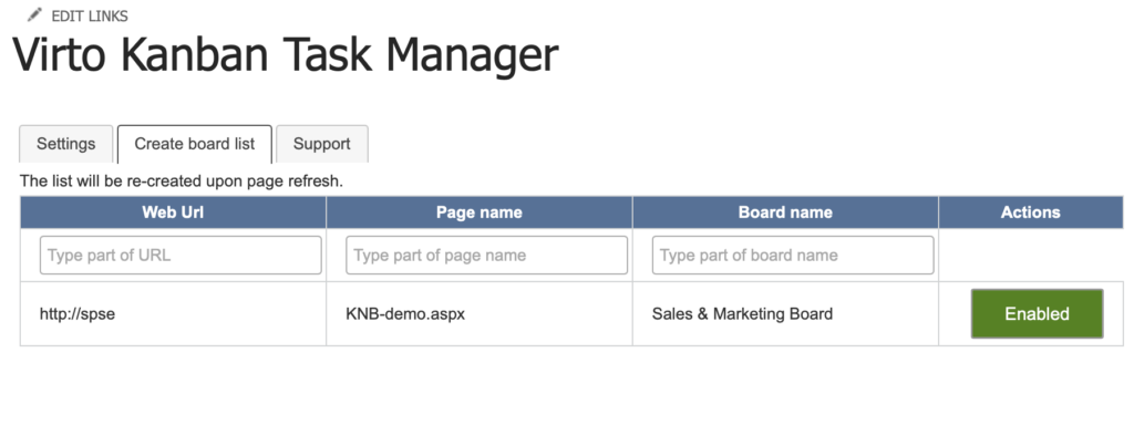 Create board list tab showing all Kanban boards on the SharePoint site as clickable names