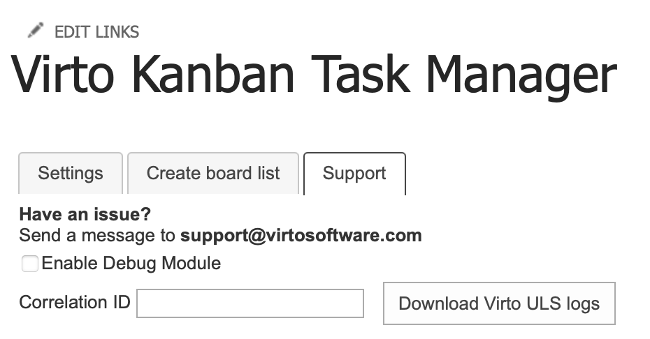 Support tab with the Correlation ID field and the Enable Debug Module checkbox