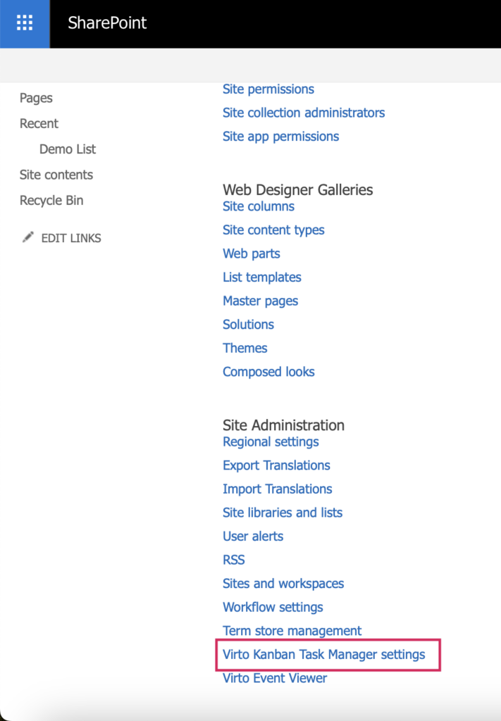 Virto Kanban Task Manager settings link under Site Administration on the SharePoint Site Settings page