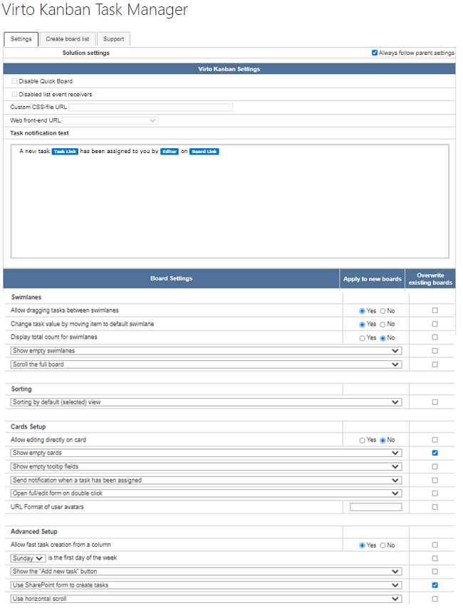 Virto Kanban Task Manager administration tools panel with its three settings tabs