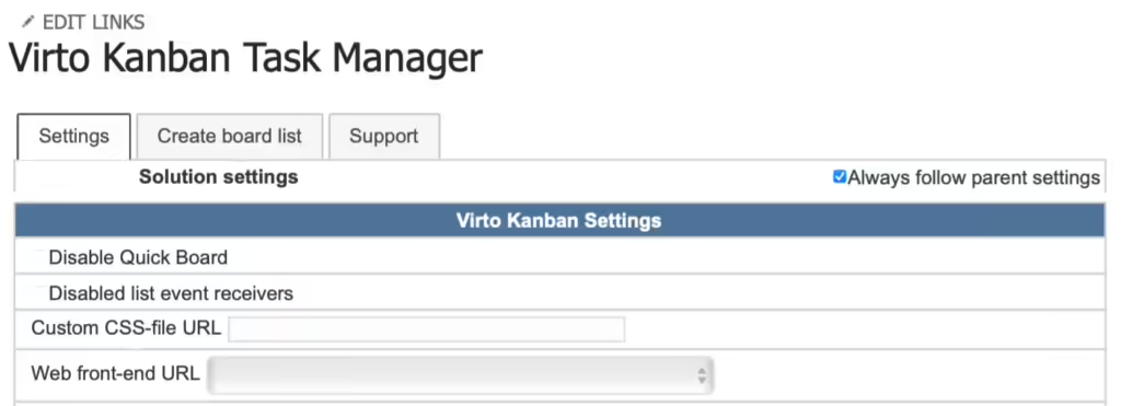Virto Kanban settings with the Always follow parent settings checkbox for applying common board settings