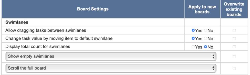 Swimlanes settings block with options for dragging tasks, hiding empty swimlanes, and task counts