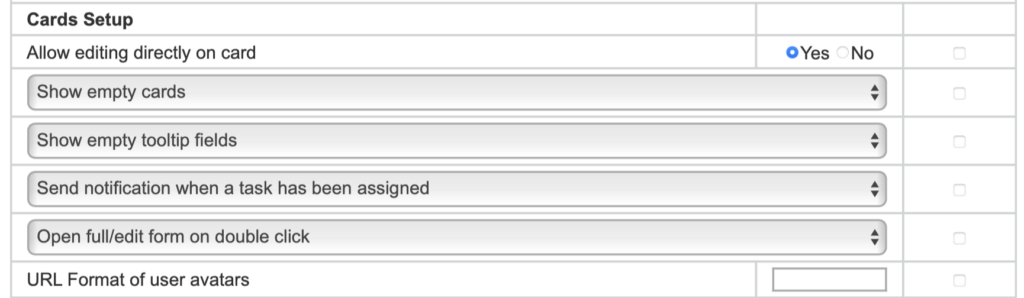 Cards Setup block with options for direct editing, avatar URL format, and assignment notifications