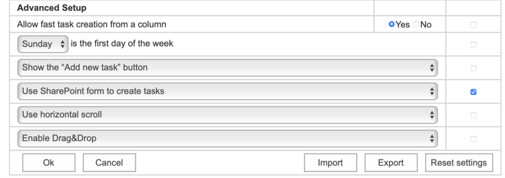 Advanced Setup block with default new-board options such as first day of the week and drag and drop