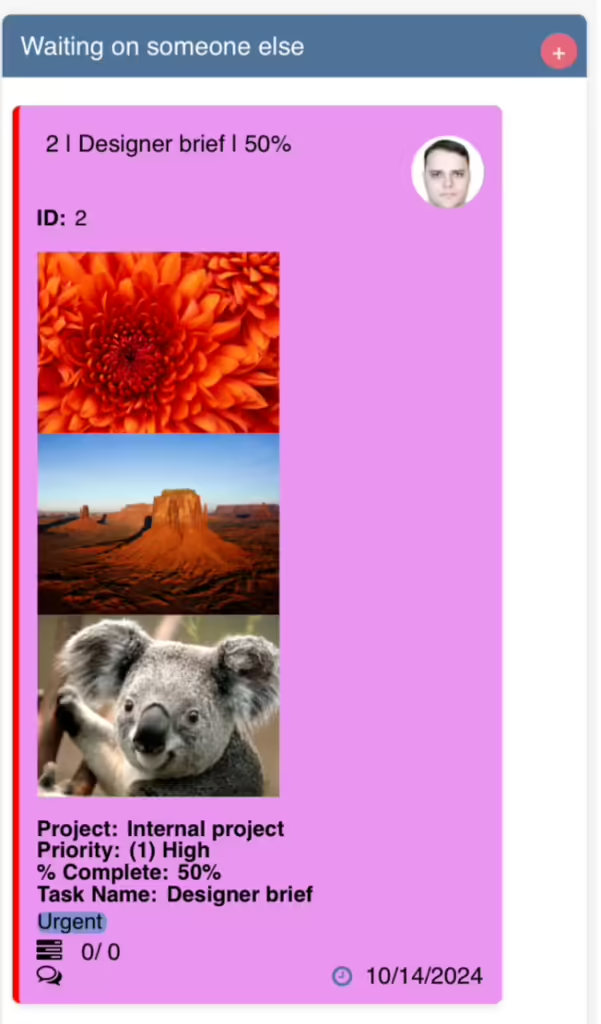 A Virto Kanban card displaying attached images directly on the board