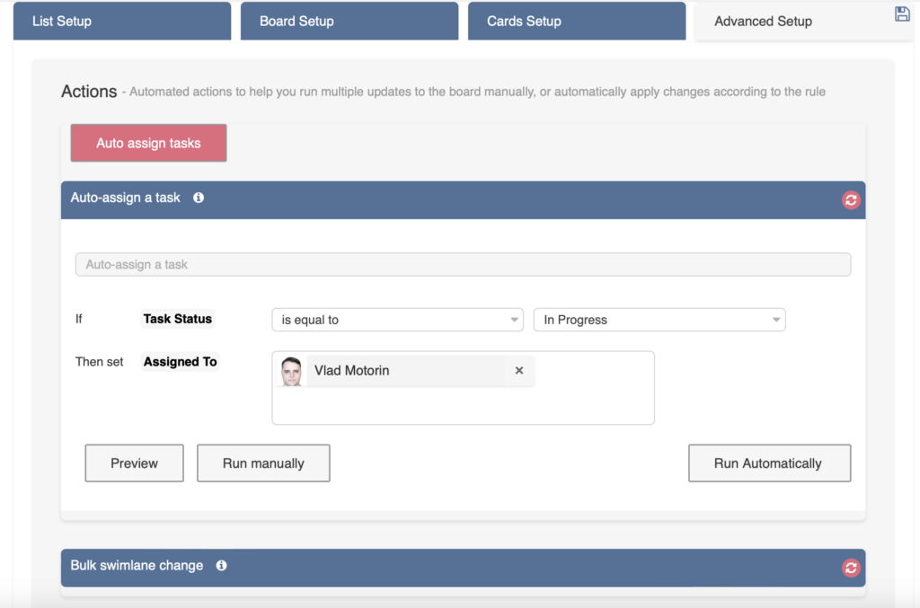 Auto-assign tasks option in the Actions block of Virto Kanban Board Advanced Setup