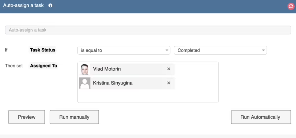 Drop-down parameters that define rules for auto-assigning Virto Kanban tasks to users