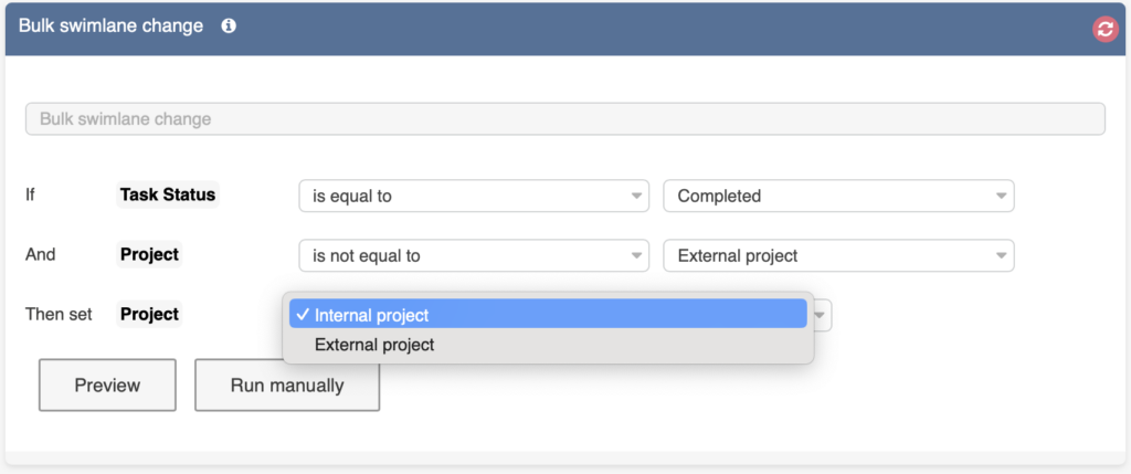 Bulk swimlane change action moving Virto Kanban tasks from one swimlane to another by rule