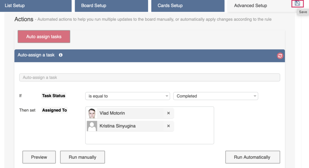 Saving a bulk swimlane change rule in the Virto Kanban Board Actions block
