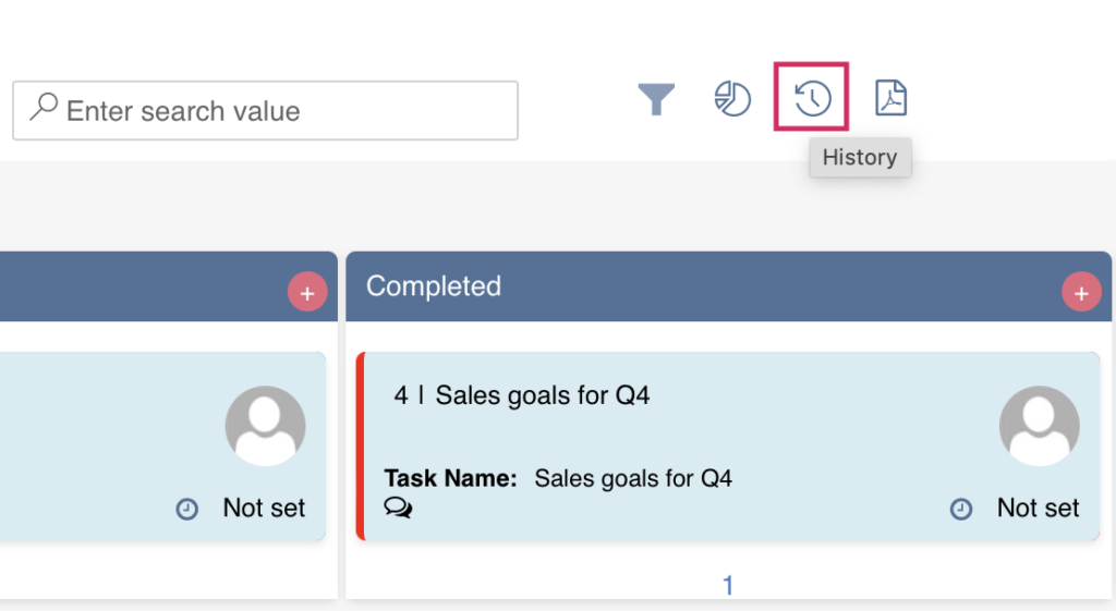 Board history icon in the top right corner of the Virto Kanban Board for tracking task changes